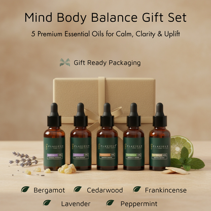 Flaviour 5-in-1 Essential Oil Gift Set | Bergamot, Cedarwood, Frankincense, Lavender & Peppermint – 10ml Each