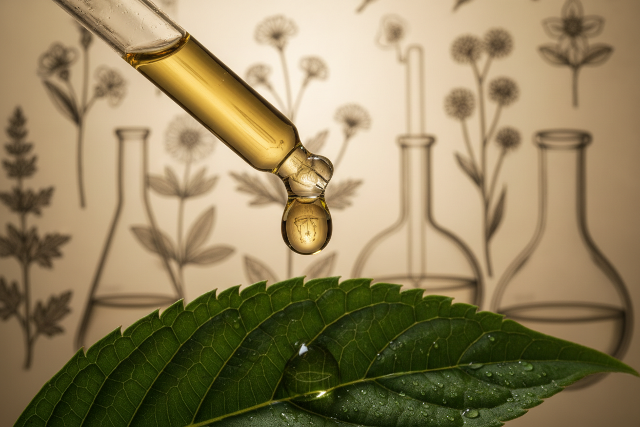 A close-up, high-definition shot of a single drop of oil on a botanical leaf or a glass dropper. The light shines through the drop, showing its golden clarity. In the background, there are blurred botanical sketches or lab glass, suggesting precision and curation.
​Mood: Clean, Potent, Scientific yet Natural.