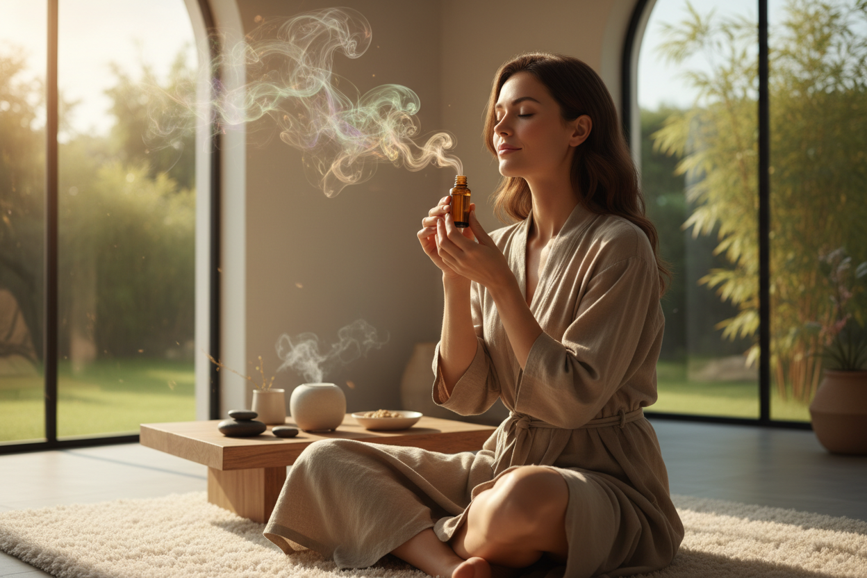 A pwrson finding focus after inhaling essential oil